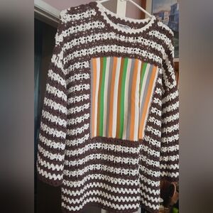 Opening Ceremony Brown and White Crochet Top with Striped Panel